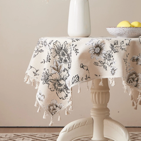 Klassische Florale Baumwolle Polyester Tischdecke Mit Fransen Staubdicht Hitzebeständig Nordischer Stil Dekorative Decke