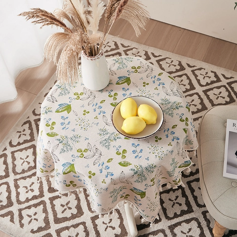Green Leaf Print Tablecloth Cotton Linen Blend Fringed Tassel Nordic Fresh Dustproof Heat Resistant Round Table Cover