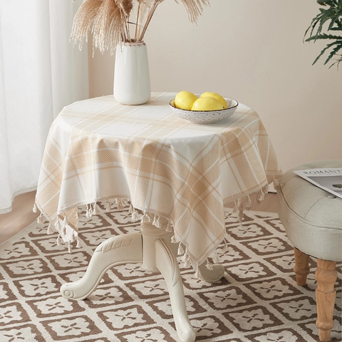 Cotton Linen Plaid Tablecloth With Tassel Edges Coffee Checkered Dustproof Heat Resistant Table Cover For Dining Room