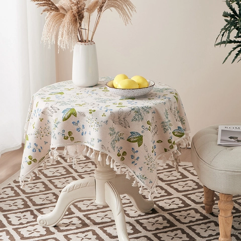 Green Leaf Print Tablecloth Cotton Linen Blend Fringed Tassel Nordic Fresh Dustproof Heat Resistant Round Table Cover