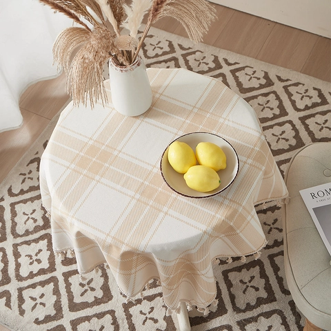 Cotton Linen Plaid Tablecloth With Tassel Edges Coffee Checkered Dustproof Heat Resistant Table Cover For Dining Room