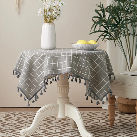 Checkered Tablecloth Cotton Linen Blend Tassel Edge Nordic Style Dustproof Heat Resistant Table Cover