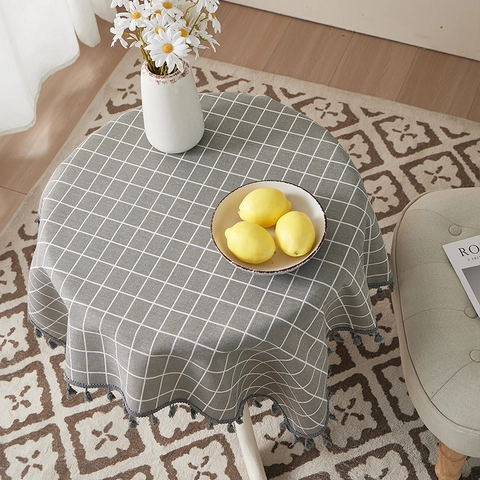 Checkered Tablecloth Cotton Linen Blend Tassel Edge Nordic Style Dustproof Heat Resistant Table Cover