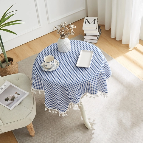Tovaglia Quadretti Blu Cotone Poliestere Motivo Gingham Bordo Frange Antipolvere Resistente Calore Stile Nordico Tavolo