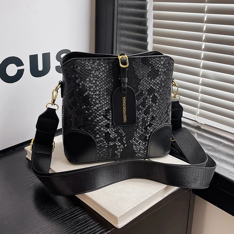 Bolso de Cubo para Mujer con Patrón de Serpiente Cuero PU Correa Ancha Gran Capacidad Bolso Bandolera Moda Mujer