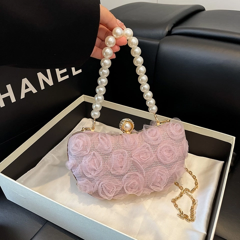 3D Chiffon Rose Flower Evening Bag Elegant Artificial Pearl Handle Clutch For Women Wedding Party Mesh Floral Box Purse With Metal Chain