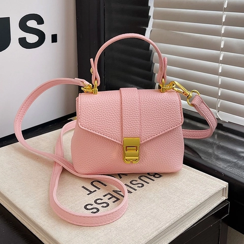 Women Mini Handbag PU Leather Lychee Texture Crossbody Bag Gold Lock Fashionable Small Single Shoulder Purse For Daily