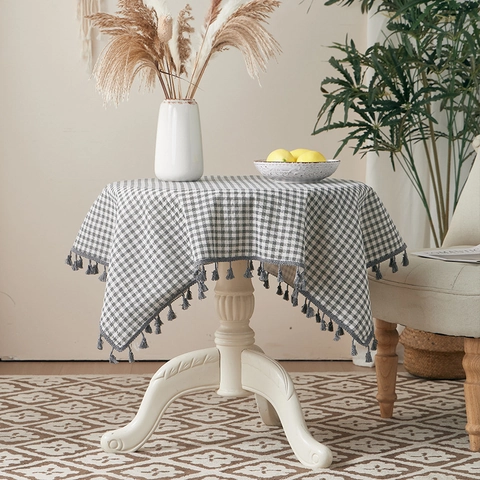 Gingham Karo Tischdecke Baumwolle Polyester Mischung Mit Quasten Fransen Staubdicht Hitzebeständig Nordischer Stil