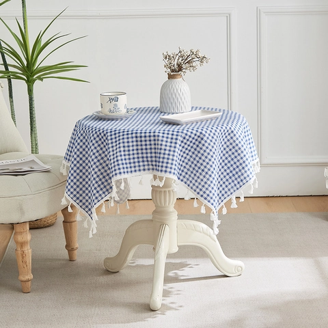 Tovaglia Quadretti Blu Cotone Poliestere Motivo Gingham Bordo Frange Antipolvere Resistente Calore Stile Nordico Tavolo