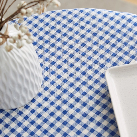 Blue Plaid Gingham Tablecloth Polyester Cotton Blend Dustproof Heat Insulated With Tassels Nordic Pastoral Table Cover