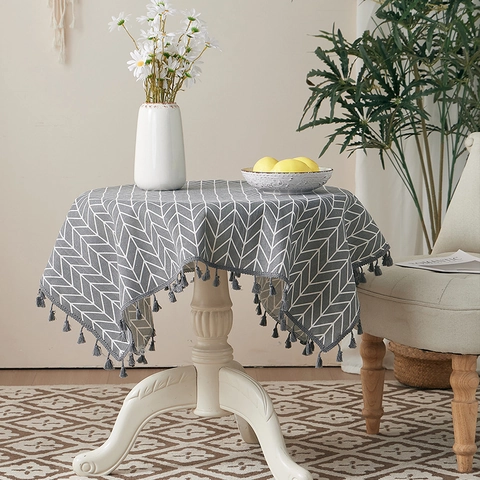 Tablecloth Cotton Linen Gray Herringbone Arrow Pattern Tassel Edge Nordic Minimalist Dustproof Heat Resistant Home Decor