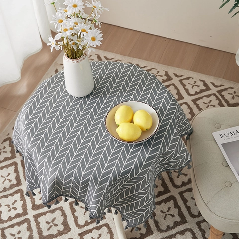 Tablecloth Cotton Linen Gray Herringbone Arrow Pattern Tassel Edge Nordic Minimalist Dustproof Heat Resistant Home Decor