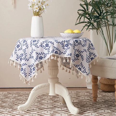 Floral Vine Tablecloth Cotton Linen Blend Heat Resistant Dustproof With Tassels Nordic Style Decorative Table Cover