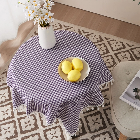 Purple Gingham Tablecloth Polyester Cotton Heat Resistant Dustproof White Tassel Fringe For Dining Table Nordic Style