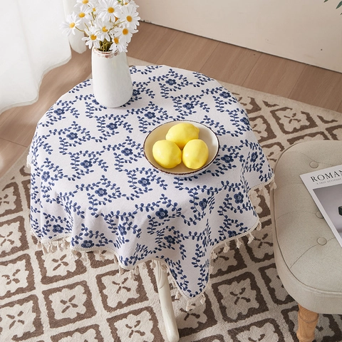 Floral Vine Tablecloth Cotton Linen Blend Heat Resistant Dustproof With Tassels Nordic Style Decorative Table Cover