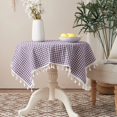 Purple Gingham Tablecloth Polyester Cotton Heat Resistant Dustproof White Tassel Fringe For Dining Table Nordic Style
