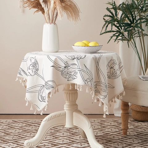 Tulip Floral Line Art Tablecloth Cotton Linen Blend With Tassel Edge Nordic Style Dustproof Table Cover Home Decor