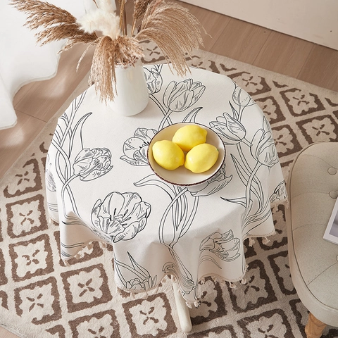 Tulip Floral Line Art Tablecloth Cotton Linen Blend With Tassel Edge Nordic Style Dustproof Table Cover Home Decor