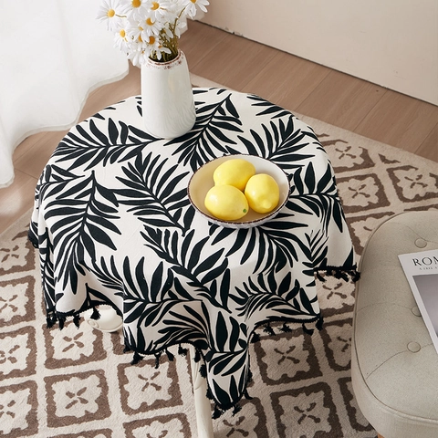 Tovaglia In Cotone E Lino Nordico Stampa Foglie Di Palma Tropicali Bordo Con Nappe Antipolvere Resistente Al Calore