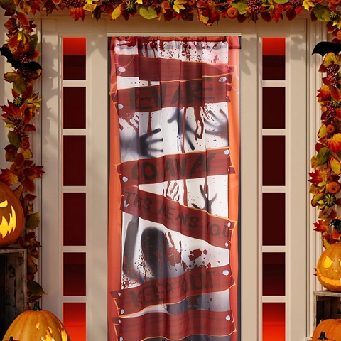 Halloween Horror Door Curtain Bloody Handprint Skeleton Shadow Decoration Warning Slogan Scary Atmosphere Props For Haunted House Party