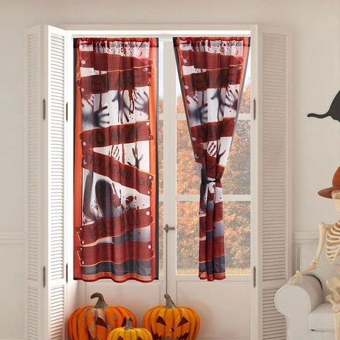 Halloween Horror Door Curtain Bloody Handprint Skeleton Shadow Decoration Warning Slogan Scary Atmosphere Props For Haunted House Party