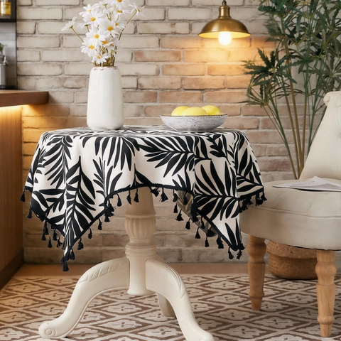 Tovaglia In Cotone E Lino Nordico Stampa Foglie Di Palma Tropicali Bordo Con Nappe Antipolvere Resistente Al Calore