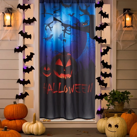 Halloween Door Curtain PET Fabric Pumpkin Bat Spider Web Print Backdrop Scary Creepy Festive Doorway Window Decoration
