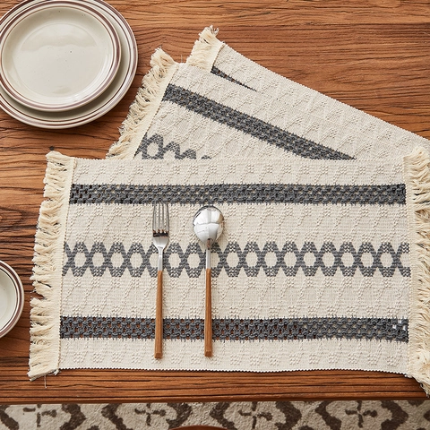 Boho Woven Cotton Linen Jute Placemat With Tassels Geometric Grey Off White Dining Table Runner Mats For Home Decor