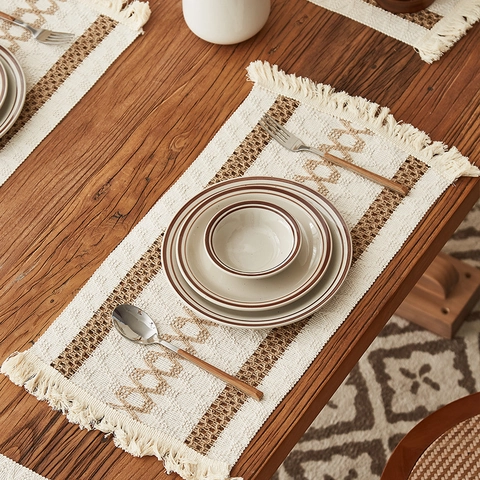 Bohemian Woven Placemat Cotton Linen Geometric Pattern With Tassels Table Decor Farmhouse Style