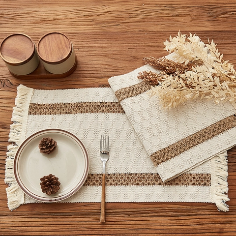Woven Cotton Linen Table Runner With Tassels Striped Bohemian Rustic Home Dining Decor