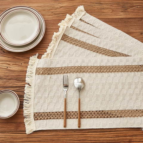 Woven Cotton Linen Table Runner With Tassels Striped Bohemian Rustic Home Dining Decor