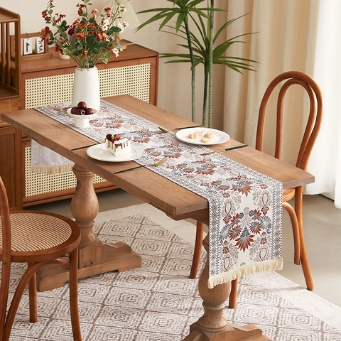 Vintage Floral Table Runner Polyester Fabric With Tassels Retro Bohemian Style For Home Dining Table Decoration