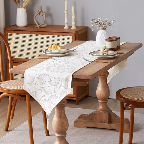 Luxury Ginkgo Leaf Table Runner Jacquard Polyester Cotton Tablecloth With Tassels For Dining Room Coffee Table Home Decor