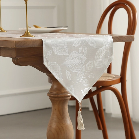Light Luxury Leaf Jacquard Table Runner With Tassel Polyester Cotton Blend For Dining Coffee Table Wedding Party Home Decor