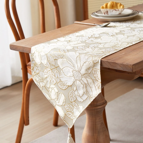 Luxury Jacquard Table Runner Polyester Cotton Floral Leaf Wave Patterns Tassels Dining Room Decor Elegant Home