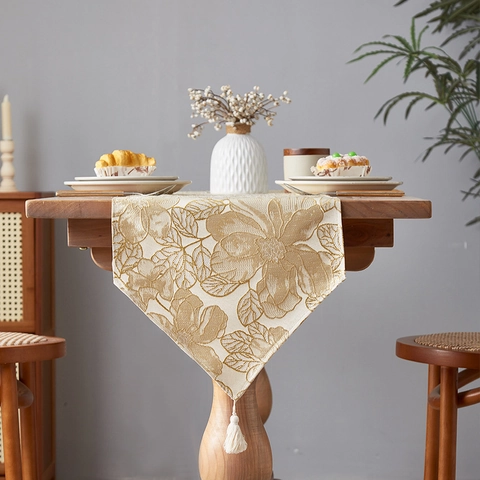Luxury Jacquard Table Runner Polyester Cotton Floral Leaf Wave Patterns Tassels Dining Room Decor Elegant Home