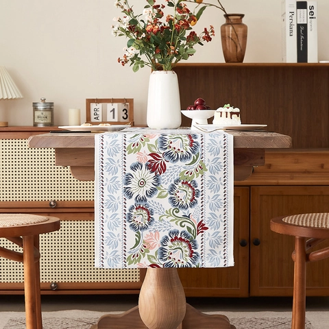 Vintage Chinese Style Floral Printed Table Runner Polyester Fabric Decorative Tablecloth For Dining Room Home Party Decoration