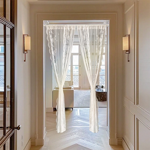 Floral Lace Sheer Doorway Curtain Polyester Mesh Partition Punch Free Pastoral Style Bedroom Entryway Decor