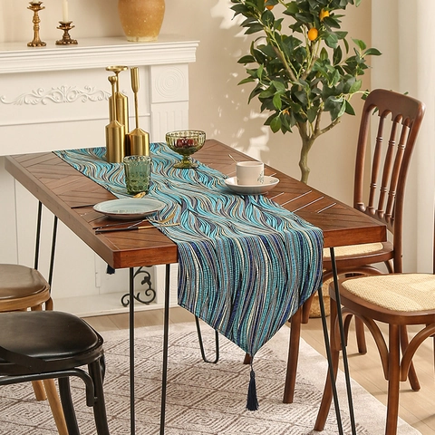 Modern Luxury Table Runner Jacquard Polyester Cotton Wave Pattern With Tassels For Dining Table Coffee Table Decor
