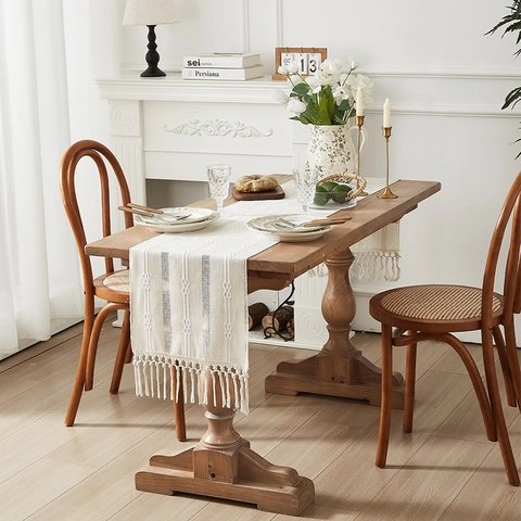 Chemin de Table Rayé Boho Nordique pour Table à Manger Polyester Ajouré Géométrique Brodé avec Franges Décor de Cuisine