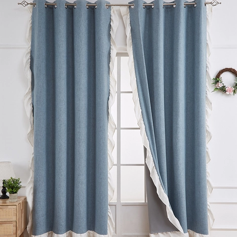 Thickened Linen Blackout Curtains With White Ruffle Edge Grommet Top American Style Window Panels For Living Room