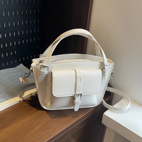 Borsa A Secchiello In Pelle PU Grana Litchi Retro Borsa A Tracolla A Mano Con Tasca Frontale Con Patta E Hardware Argentato