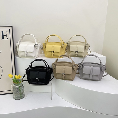 Borsa A Secchiello In Pelle PU Grana Litchi Retro Borsa A Tracolla A Mano Con Tasca Frontale Con Patta E Hardware Argentato