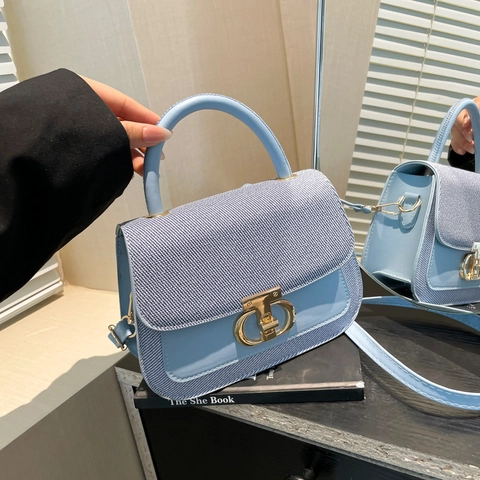 Contrast Color Women Crossbody Bag PU Leather Woven Texture Small Square Handbag With Top Handle And Metallic Lock Trendy
