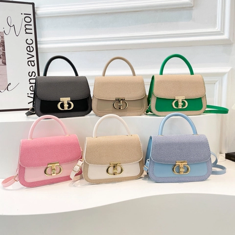 Contrast Color Women Crossbody Bag PU Leather Woven Texture Small Square Handbag With Top Handle And Metallic Lock Trendy