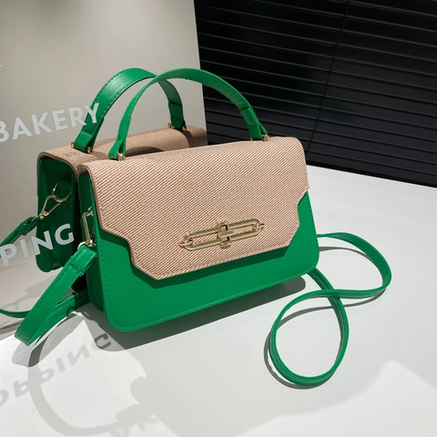 Borsa a Mano Donna Patchwork in Pelle PU Tracolla Piccola Borsa Quadrata Patta Oro Fibbia Borsa Spalla Tendenza Estate 2025
