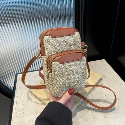 Women Mini Straw Woven Phone Crossbody Bag Summer Beach Vertical Square Multi Zipper PU Leather Trim With Wristlet