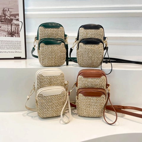 Women Mini Straw Woven Phone Crossbody Bag Summer Beach Vertical Square Multi Zipper PU Leather Trim With Wristlet