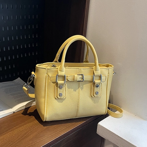 Borsa A Tracolla Retro Pelle PU Trama Litchi Per Donna Fibbia Argento Decoro Borchie Borsa A Mano Grande Capacità Moda