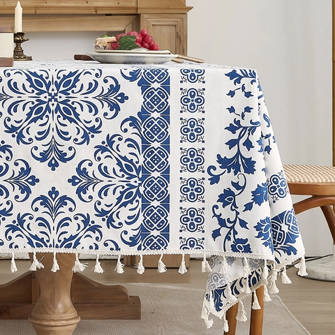 Rectangular Tablecloth Polyester Cotton Blue And White Floral Pattern Dustproof Heat Resistant With Tassels Vintage Style